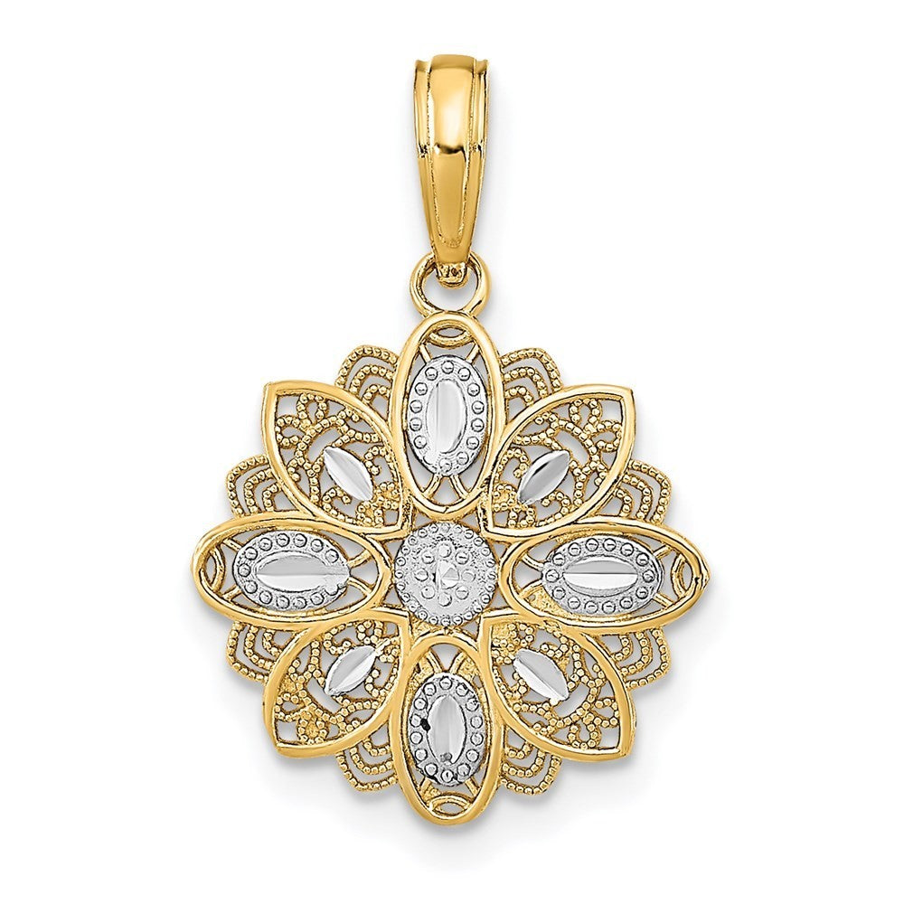 14k Yellow Gold Rhodium and Diamond-Cut Filigree Flower Charm Pendant