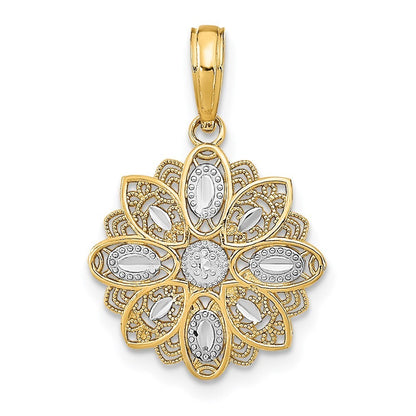 14k Yellow Gold Rhodium and Diamond-Cut Filigree Flower Charm Pendant