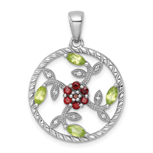 Sterling Silver Rhodium-plated Polished Gemstone Floral Twisted Circle Pendant