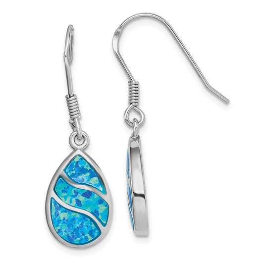 Sterling Silver Rhodium-plated Created Opal Inlay Tear Dangle Earrings