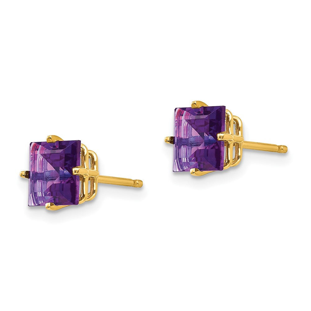14k Yellow Gold 6mm Princess Cut Amethyst Stud Earrings