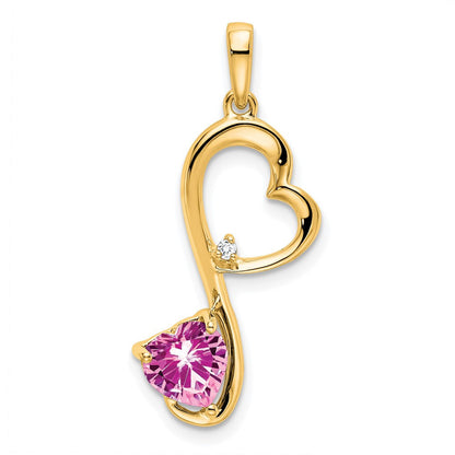14k Yellow Gold Created Pink Sapphire and Diamond Heart Pendant