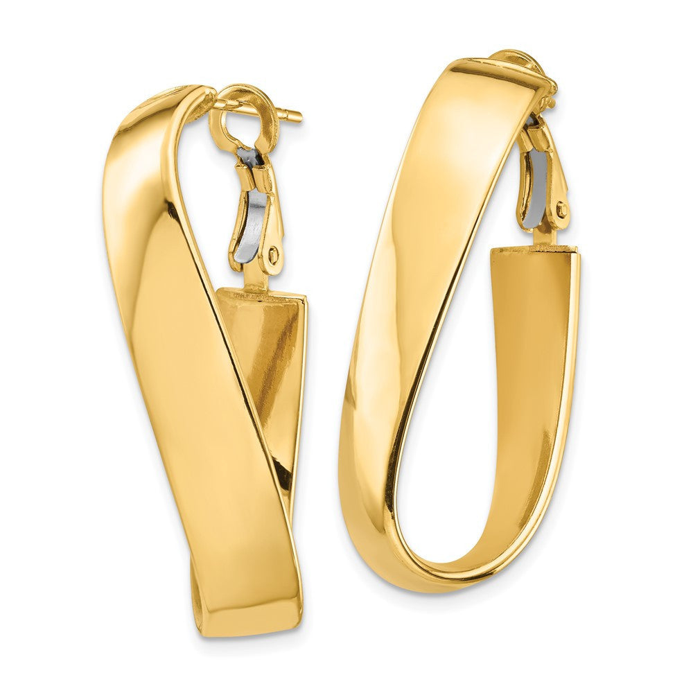 14k Yellow Gold High Polished 7mm Wavy Oval Omega Back Hoop Earrings