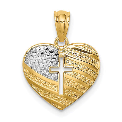 14k Yellow Gold Rhodium US Flag With Cross Heart Pendant