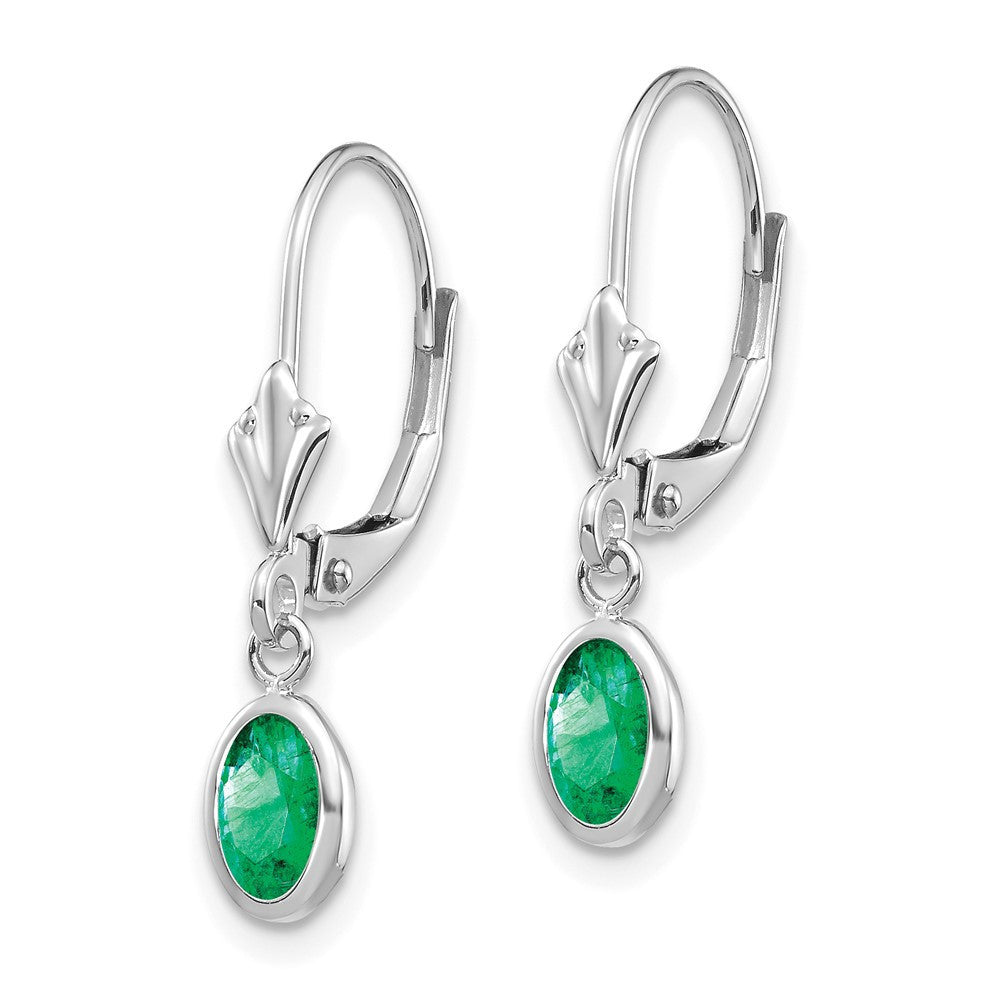 14k White Gold 6x4 Oval Bezel May/Emerald Leverback Dangle Earrings