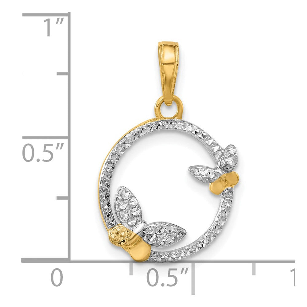 14k Yellow Gold And White Rhodium Diamond-Cut Butterflies on Circle Pendant