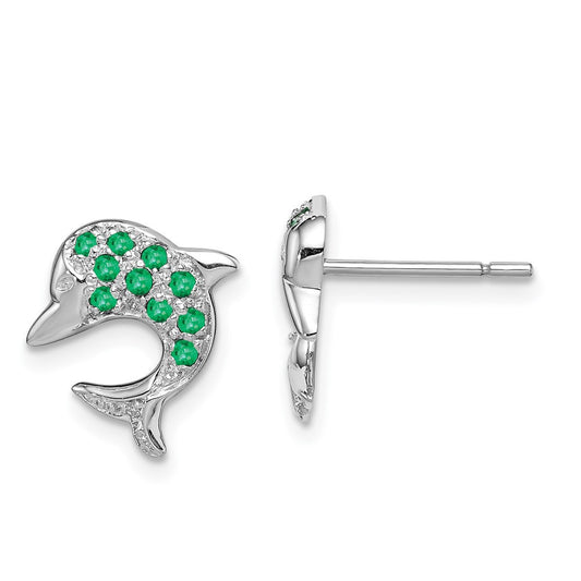 Sterling Silver Rhodium Emerald & Diamond Dolphin Button Stud Earrings