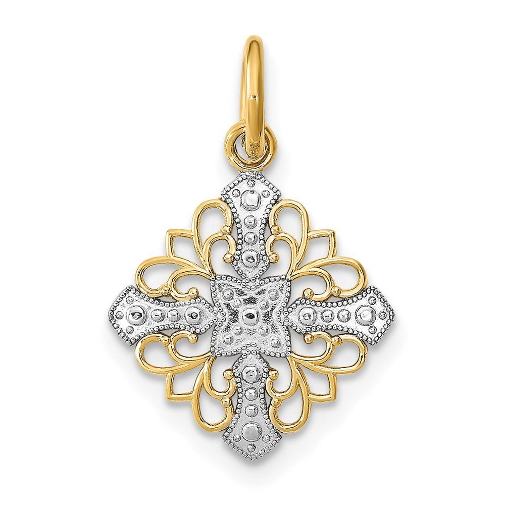 14k Yellow Gold Rhodium and Diamond-Cut Filigree Medallion Charm Pendant