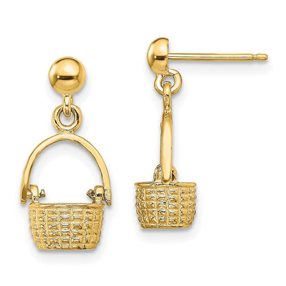 14k Yellow Gold 3-D Basket / Moveable Handle Dangle Earrings
