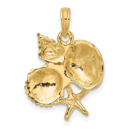14k Yellow Gold Textured Shell Cluster and Starfish Charm Pendant