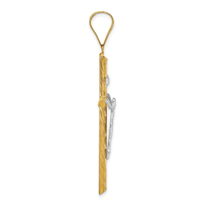 14k Yellow Gold White Rhod Polished & Textured INRI Crucifix Cross Pendant