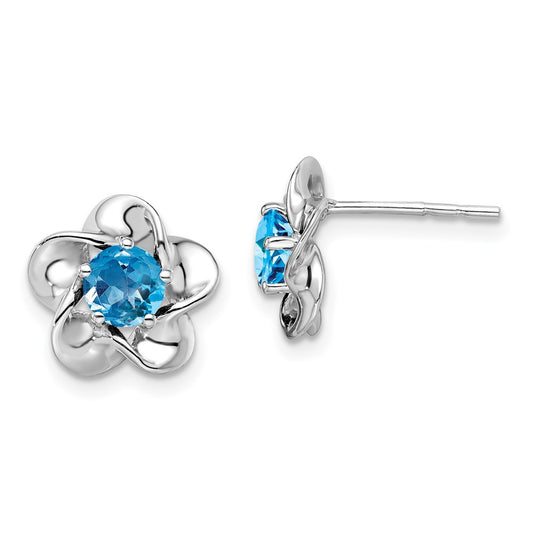 Sterling Silver Rhodium-plated Floral Blue Topaz Button Stud Earrings