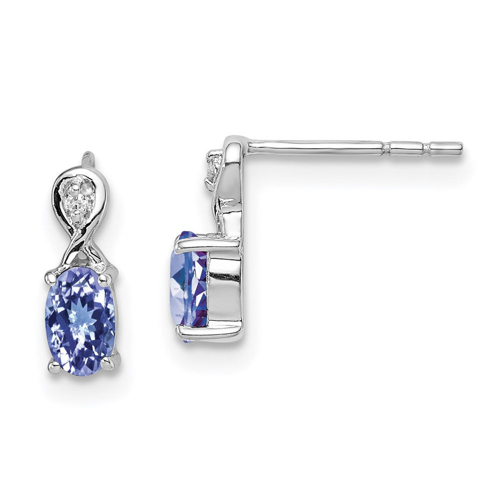 Sterling Silver Rhodium Plated Diamond & Tanzanite Oval Dangle Earrings