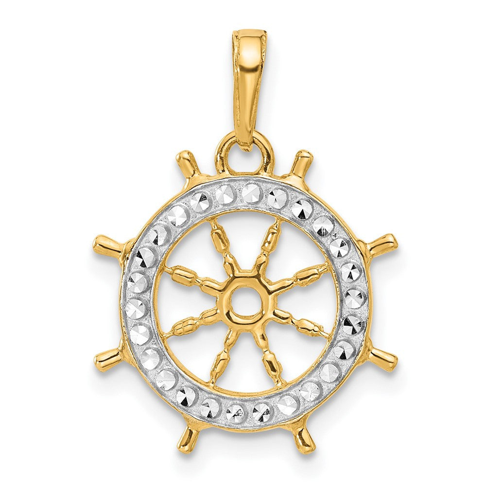 14k Yellow Gold and White Rhodium Diamond-Cut Ship's Wheel Pendant