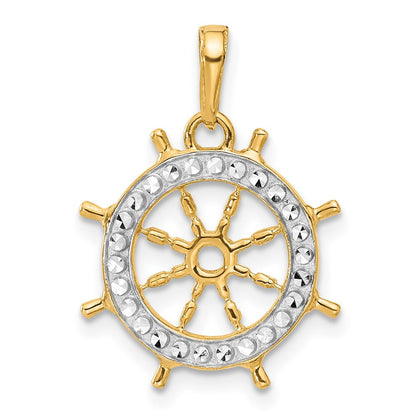 14k Yellow Gold and White Rhodium Diamond-Cut Ship's Wheel Pendant
