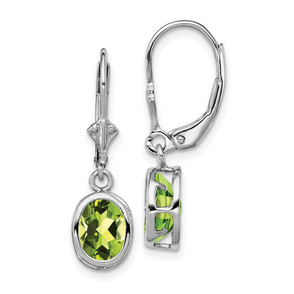 Sterling Silver Rhodium Plated 8x6mm Oval Peridot Leverback Dangle Earrings