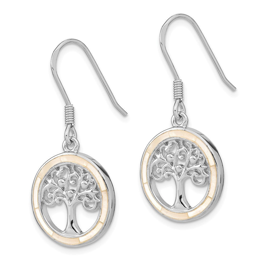 Sterling Silver Rhodium-plated White MOP Tree of Life Dangle Earrings
