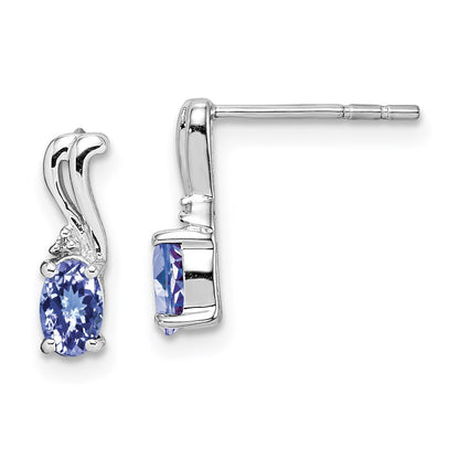 Sterling Silver Rhodium Plated Diamond & Tanzanite Oval Dangle Earrings
