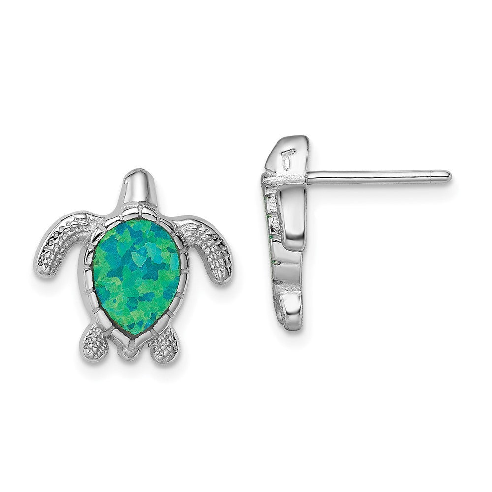 Sterling Silver Rhodium-plated Polished Green Created Opal Turtle Stud Earrings
