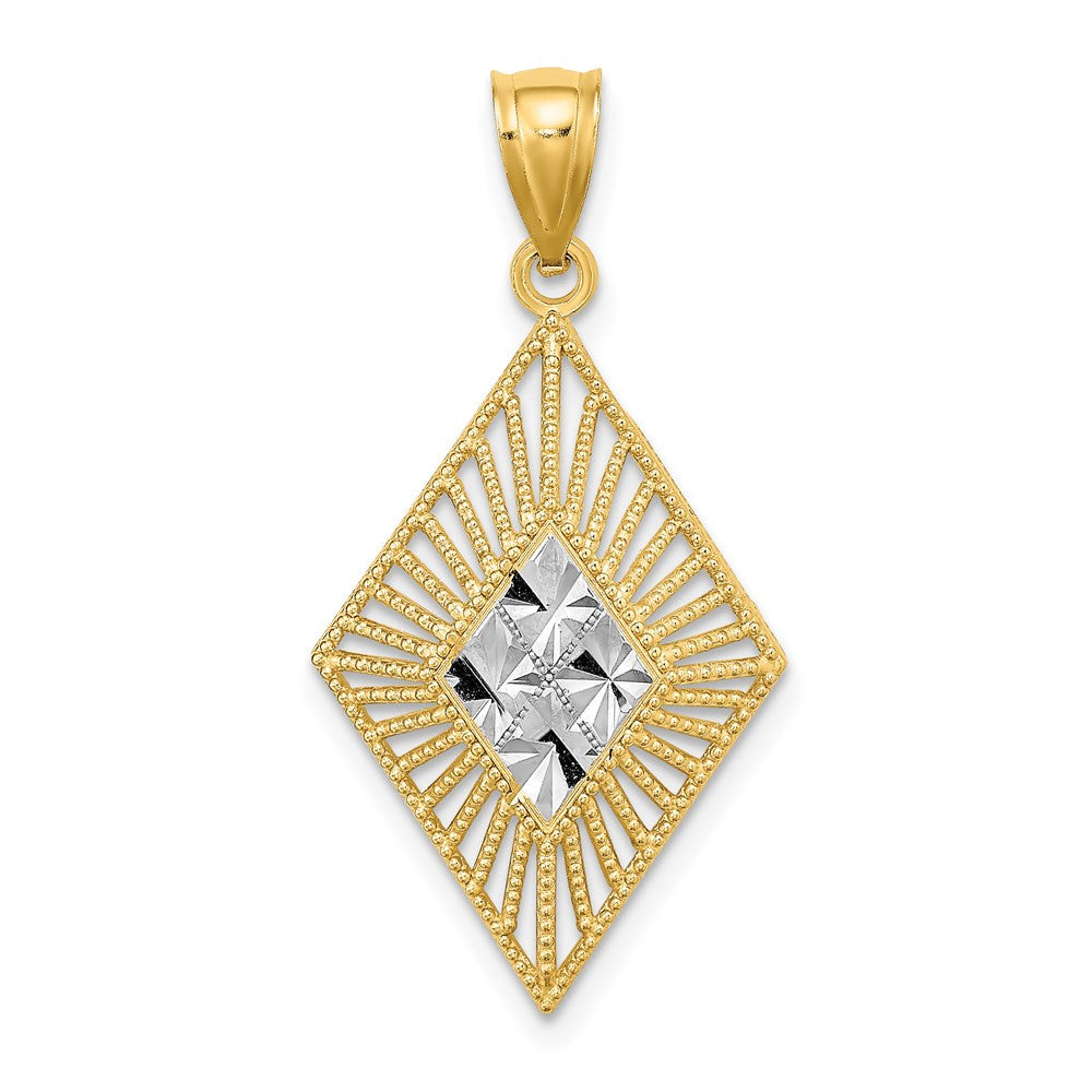 14k Yellow Gold Rhodium Diamond-Cut Diamond Shape Charm Pendant