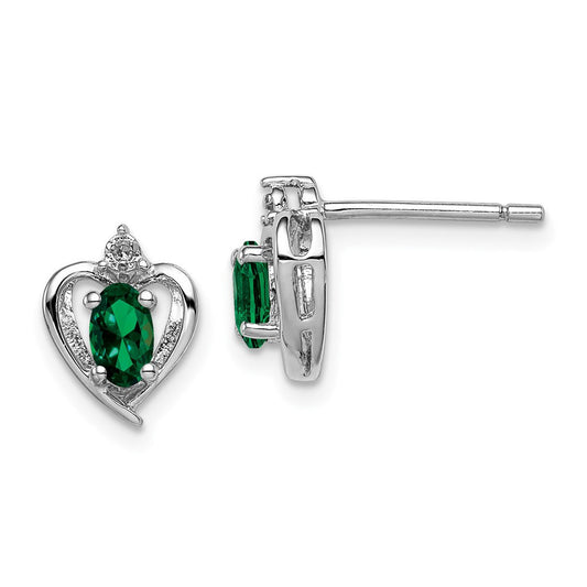Sterling Silver Rhodium-plated Created Emerald & Diam. Button Stud Earrings