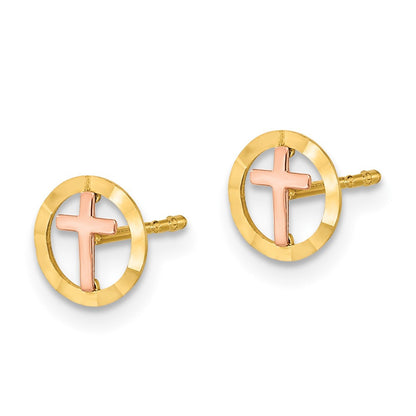 14K Two-tone Circle with Cross Stud Earrings