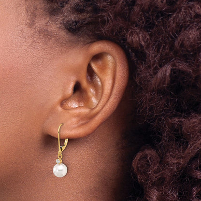 14k Yellow Gold 8mm Akoya Saltwater Cultured Pearl & Diamond Dangle Earrings