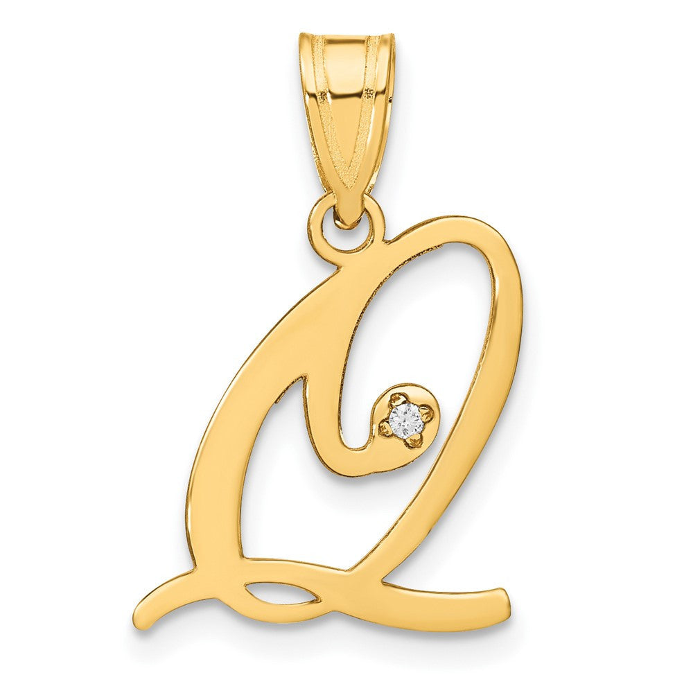 14k Yellow Gold Script Letter Q Initial Pendant with Diamond