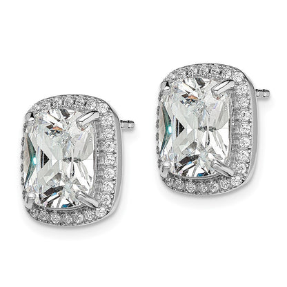 Sterling Silver RH-plated Polished 10x8mm Cushion CZ Halo Button Stud Earrings