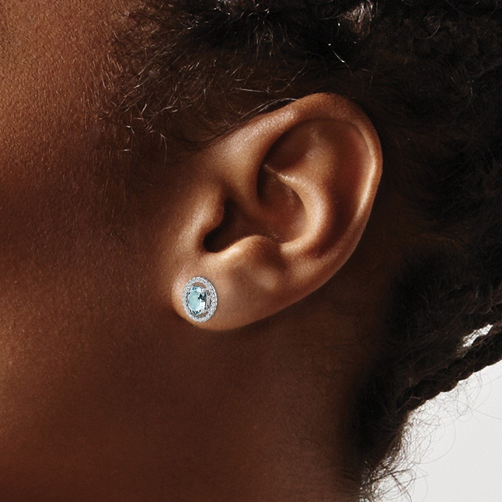 Sterling Silver Rhod-plat Aquamarine Oval Button Stud Earrings