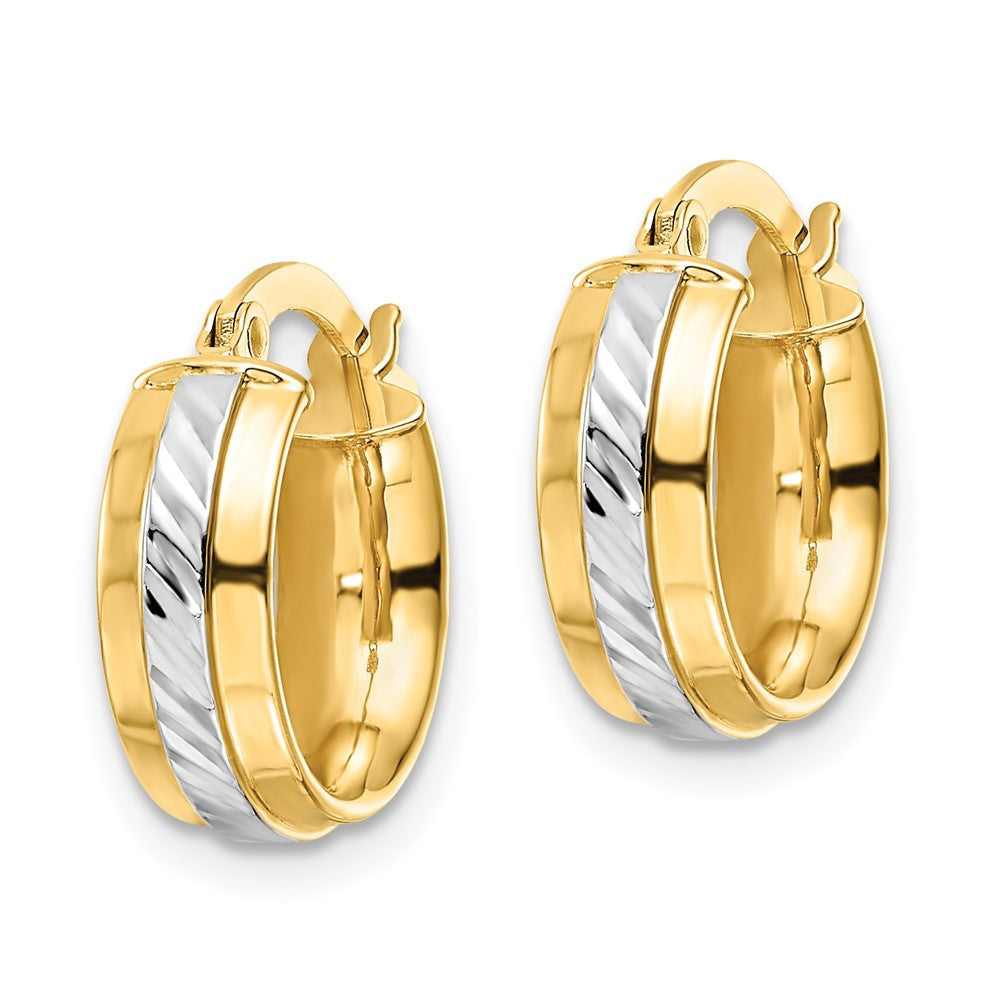 14k Yellow Gold w/ White Rhodium Diamond-cut Hoop Earrings