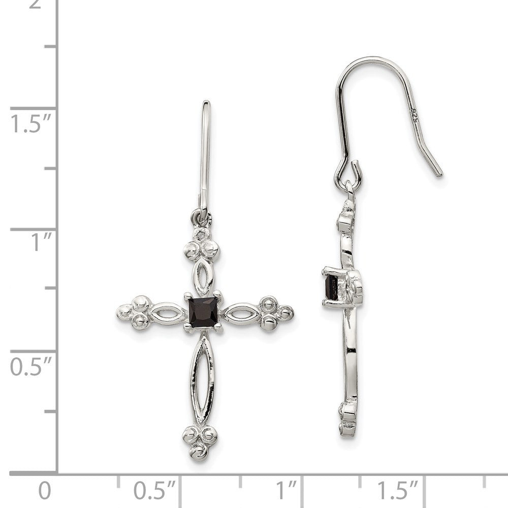Sterling Silver Polished Diamond Accent & Black CZ Budded Cross Dangle Earrings