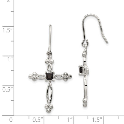 Sterling Silver Polished Diamond Accent & Black CZ Budded Cross Dangle Earrings