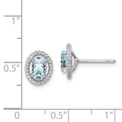 Sterling Silver Rhod-plat Aquamarine Oval Button Stud Earrings