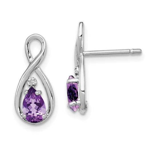 Sterling Silver Rhodium Plated Diamond and Amethyst Dangle Earrings