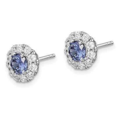 Sterling Silver Rhodium-plated Blue and White CZ Halo Button Stud Earrings