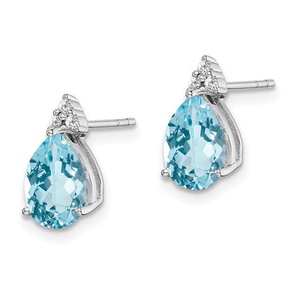 Sterling Silver Rhodium Plated Diamond and Blue Topaz Button Stud Earrings