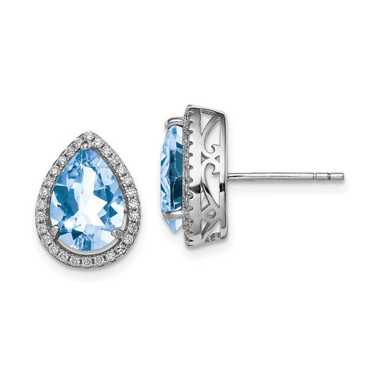 Sterling Silver Rhodium Created Aquamarine & CZ Button Stud Earrings