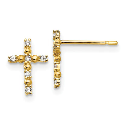 14k Yellow Gold CZ Children's Cross Button Stud Earrings