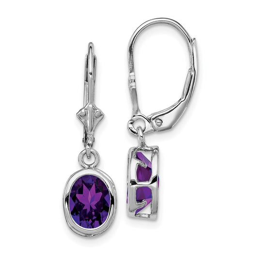 Sterling Silver Rhodium Plated 8x6mm Oval Amethyst Leverback Dangle Earrings