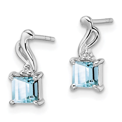 Sterling Silver Rhodium Plated Dia. Aquamarine Square Dangle Earrings