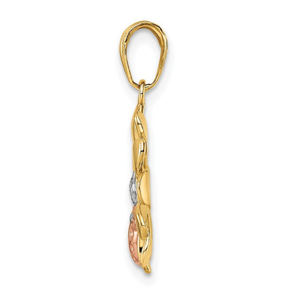 14k Yellow Gold White and Rose Rhodium Diamond-cut Ladybug on Flower Pendant