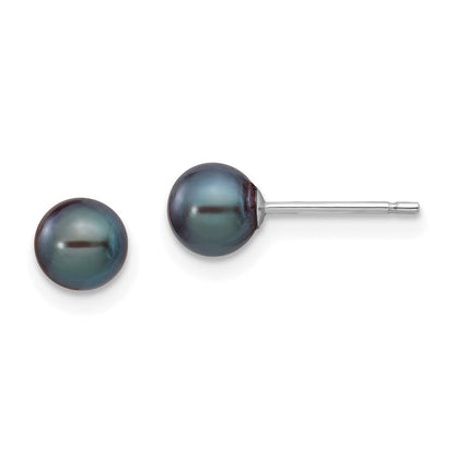 14k White Gold 5-6mm Black Round Freshwater Cultured Pearl Stud Earrings