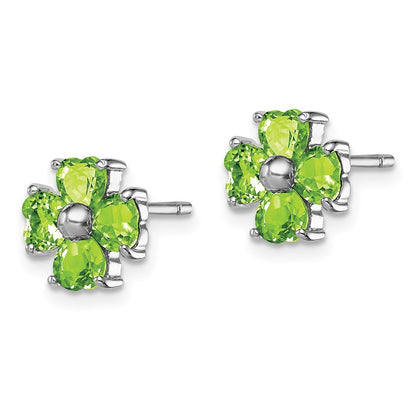 Sterling Silver Rhodium Plated Peridot Flower Button Stud Earrings