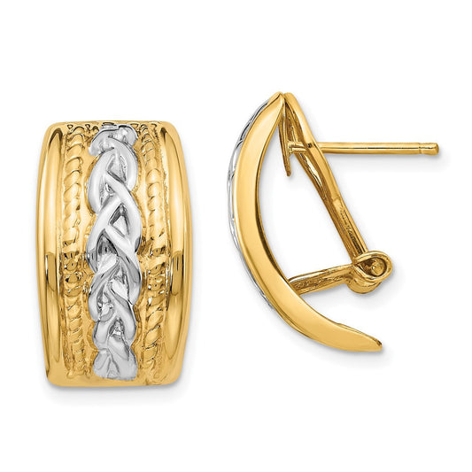 14k Yellow Gold Polished & Rhodium Omega Back Hoop Earrings