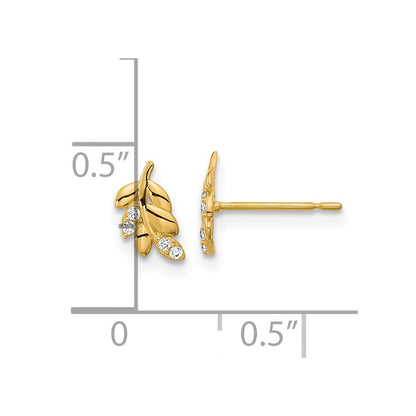 14k Yellow Gold Kids CZ Fern Leaf Button Stud Earrings