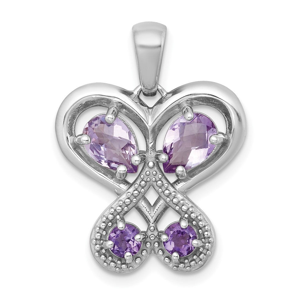 Sterling Silver Polished Amethyst Rose de France Quartz Heart Butterfly Pendant