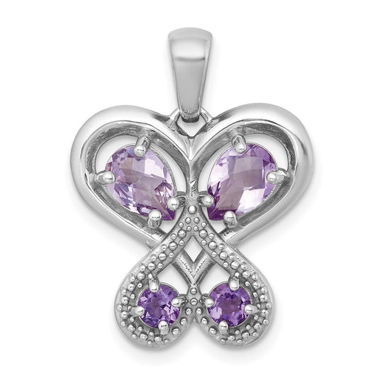 Sterling Silver Polished Amethyst Rose de France Quartz Heart Butterfly Pendant
