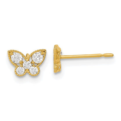 14k Yellow Gold Kids CZ Butterfly Button Stud Earrings