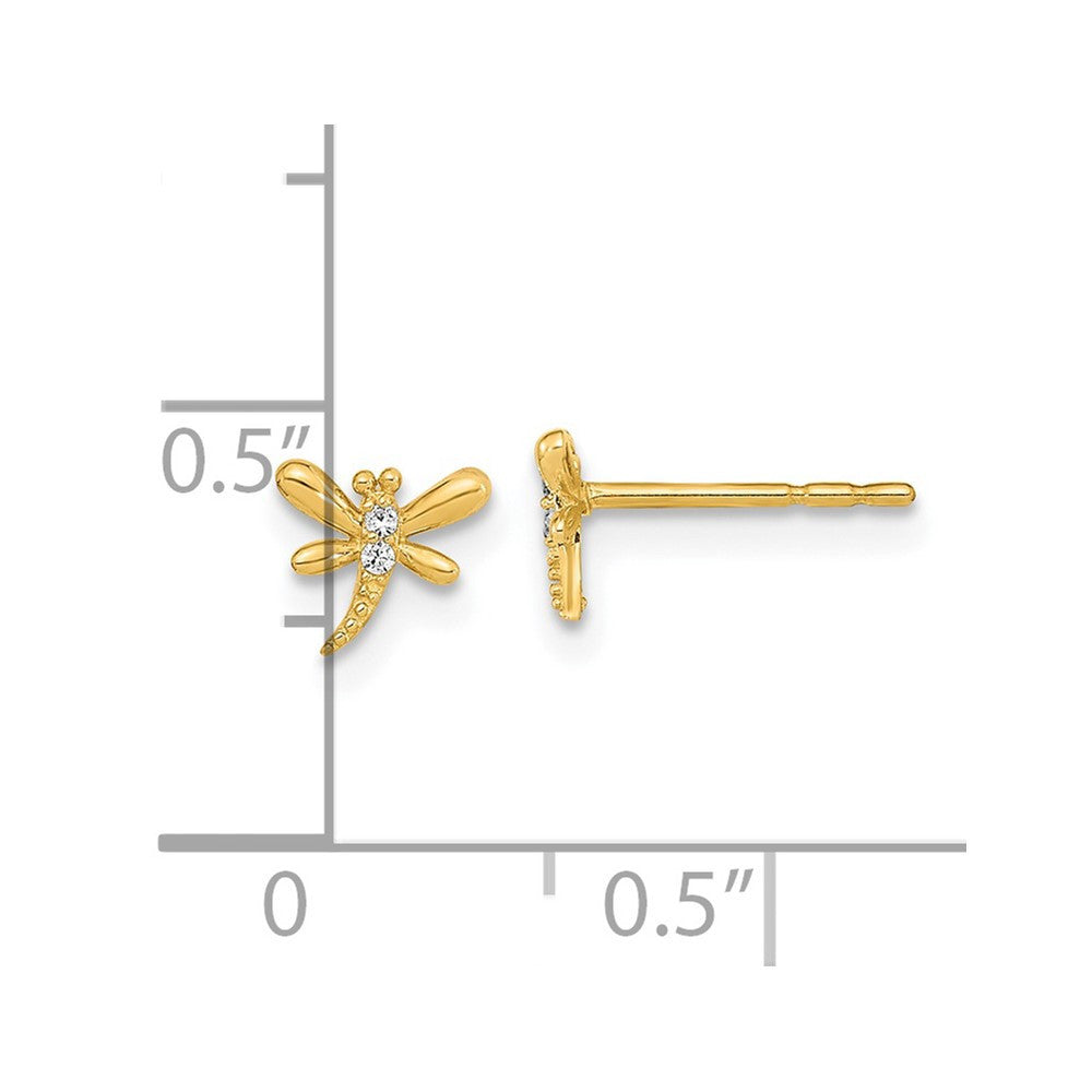 14k Yellow Gold Polished Dragonfly with CZ Button Stud Earrings